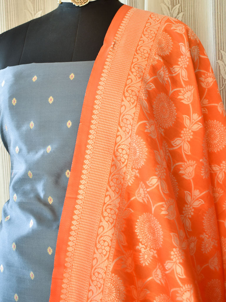 Banarasi Butidar Salwar Kameez Material With Contrast Jaal Dupatta-Grey