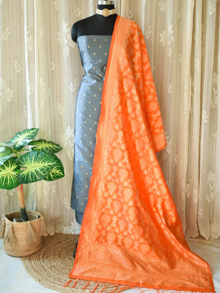 Banarasi Butidar Salwar Kameez Material With Contrast Jaal Dupatta-Grey