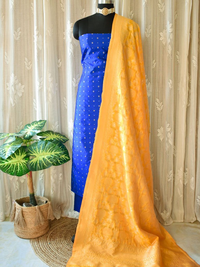 Banarasi Butidar Salwar Kameez Material With Contrast Jaal Dupatta-Blue