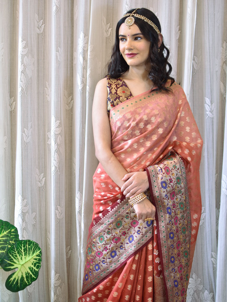 Banarasi Kora Saree With Zari Weaving & Contrast Meena Border-Orange