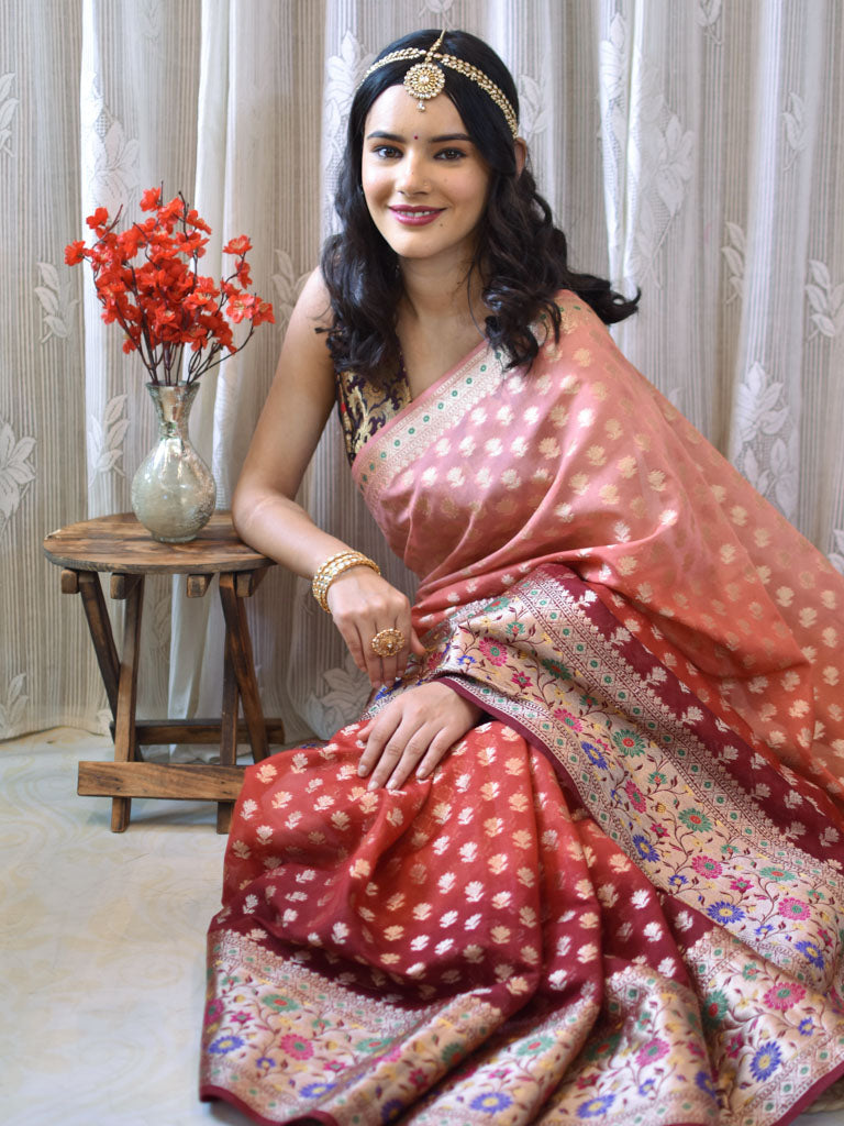 Banarasi Kora Saree With Zari Weaving & Contrast Meena Border-Orange