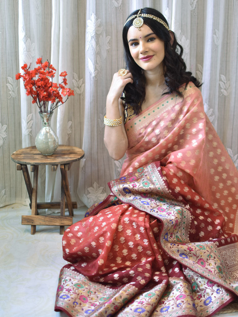 Banarasi Kora Saree With Zari Weaving & Contrast Meena Border-Orange