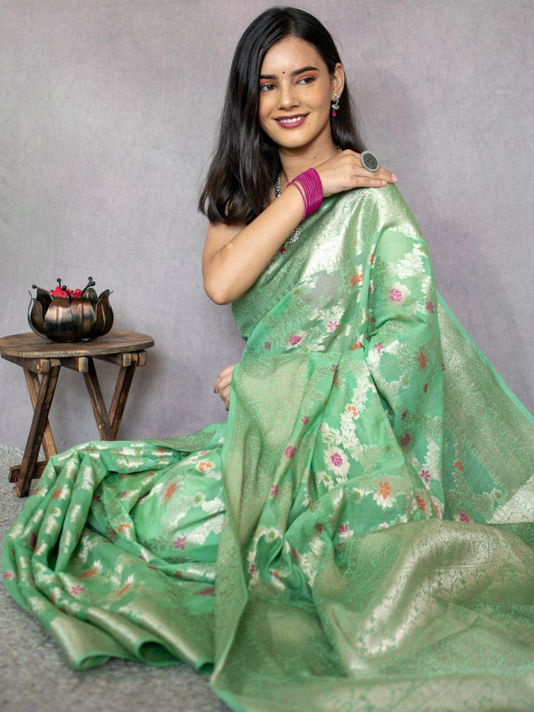 Banarasi Semi Silk Saree With Jaal Zari & Meena Weaving-Green