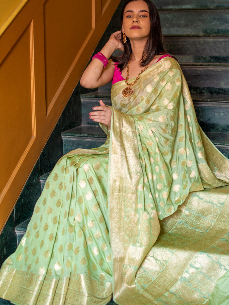 Light green saree & Blouse with golden zari weaving,Soft Banarasi