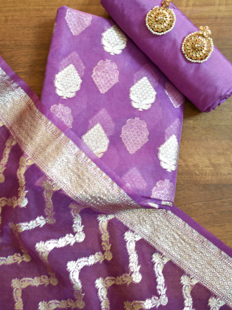 Banarasi Organza Salwar Kameez Material With Silver Zari Weaving & Dupatta-Violet