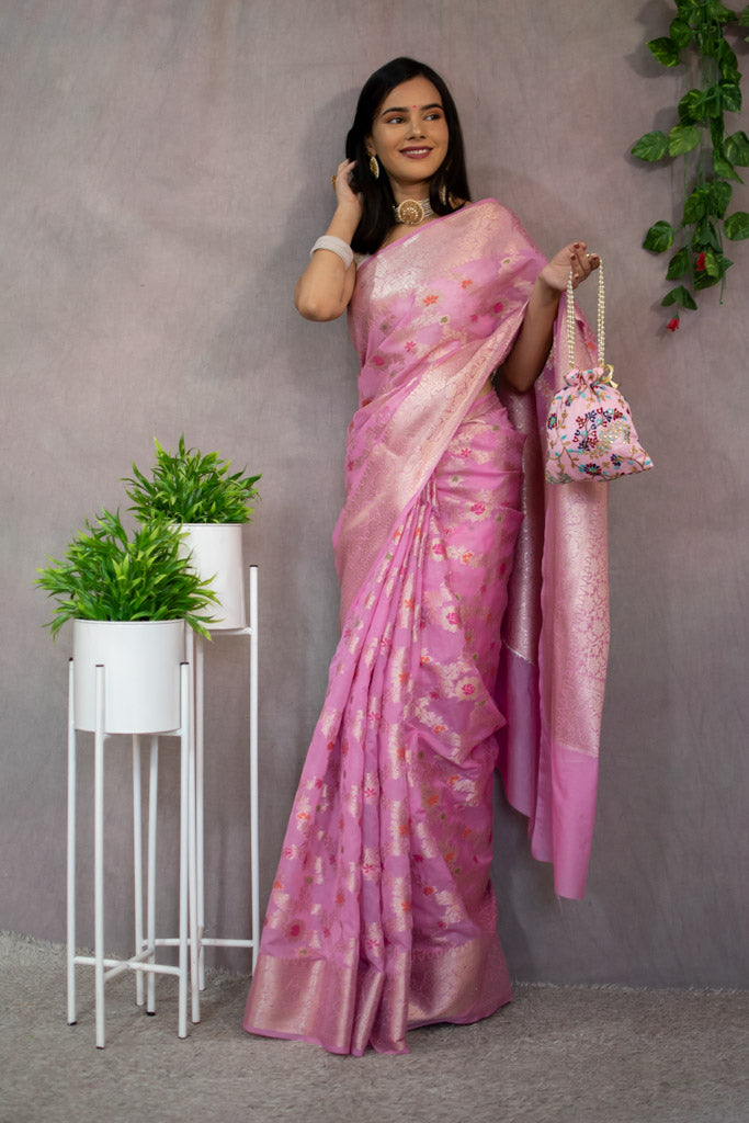 Banarasi Semi Silk Saree With Jaal Zari & Meena Weaving-Pink