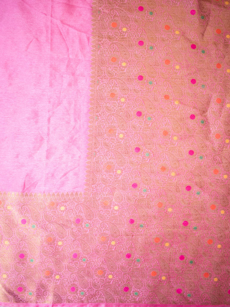 Banarasi Cotton Silk Saree Plain Body With Antique Zari Meenakari Border-Pink