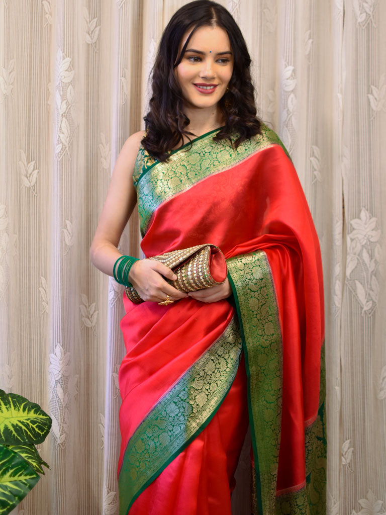Banarasi Handwoven Plain Pure Dupion Silk Saree-Red