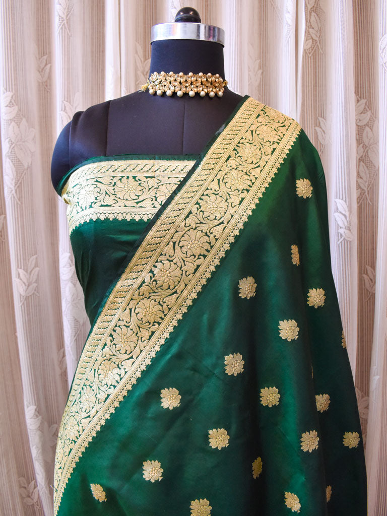 Banarasi Pure Katan Silk Saree With Zari Buti Weaving & Border-Green