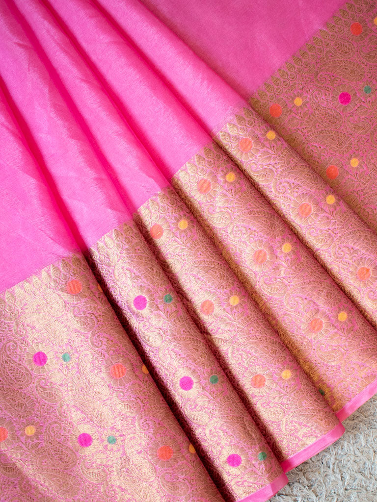 Banarasi Cotton Silk Saree Plain Body With Antique Zari Meenakari Border-Pink