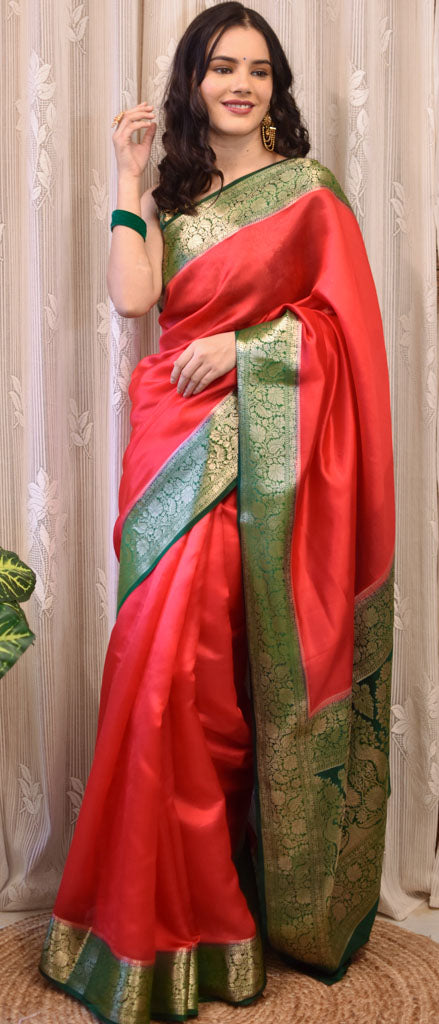 Banarasi Handwoven Plain Pure Dupion Silk Saree-Red