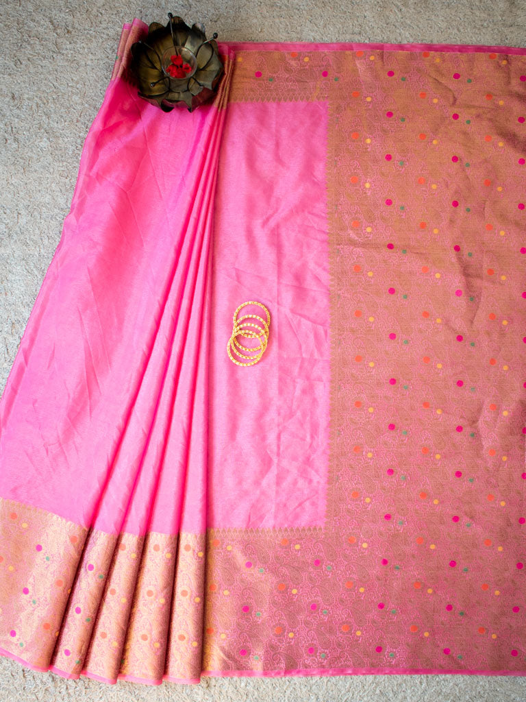 Banarasi Cotton Silk Saree Plain Body With Antique Zari Meenakari Border-Pink
