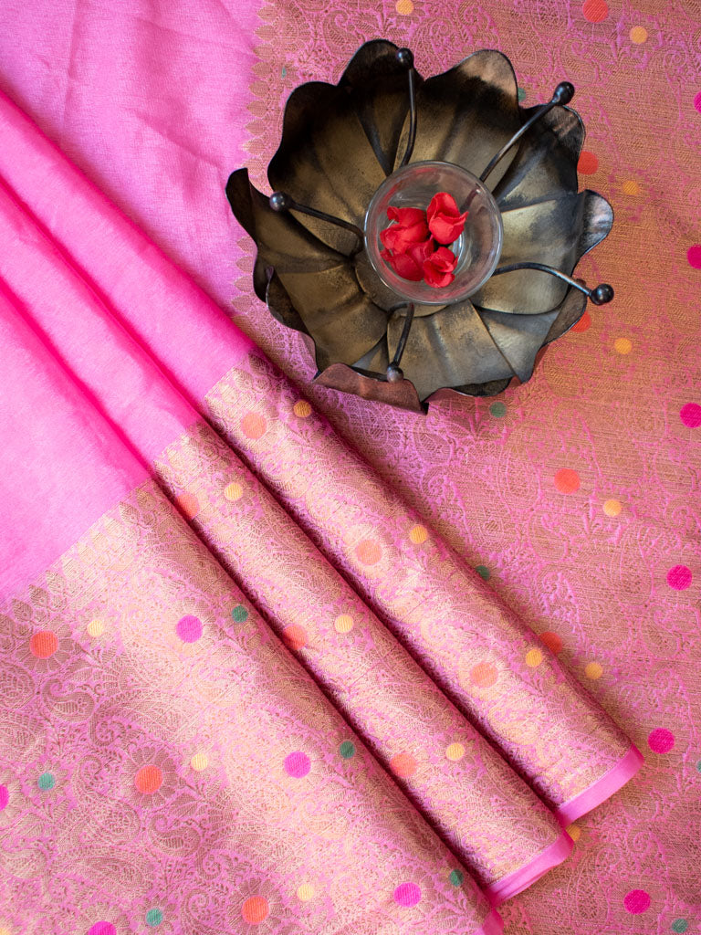 Banarasi Cotton Silk Saree Plain Body With Antique Zari Meenakari Border-Pink