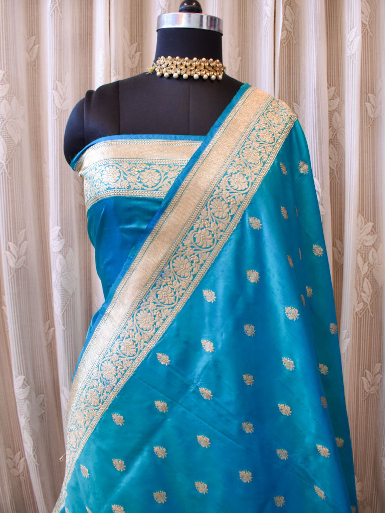 Banarasi Pure Katan Silk Saree With Zari Buti Weaving & Border-Blue