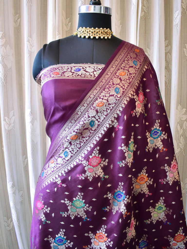 Banarasi Handwoven Pure Dupion Silk Saree With Meena & Zari Floral Weaving-Deep Purple