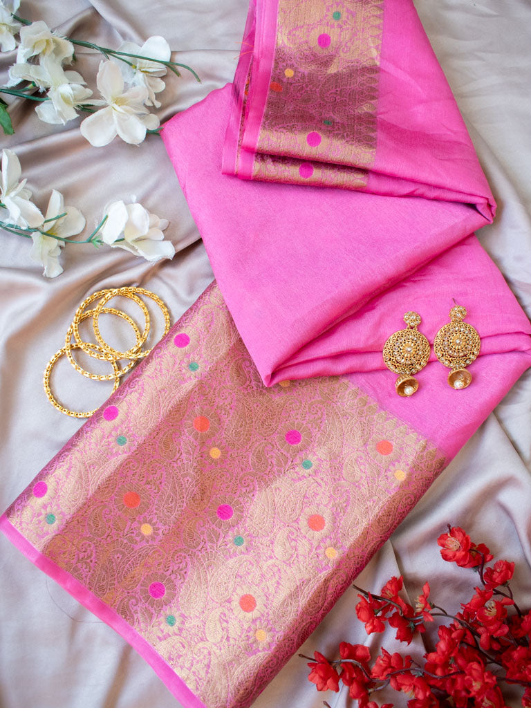 Banarasi Cotton Silk Saree Plain Body With Antique Zari Meenakari Border-Pink