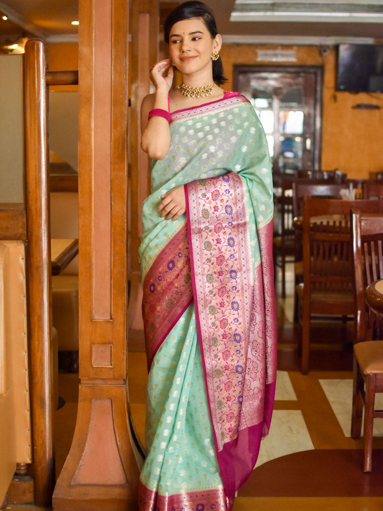 Banarasi Kora Saree With Zari Weaving & Contrast Meena Border-Green & Pink
