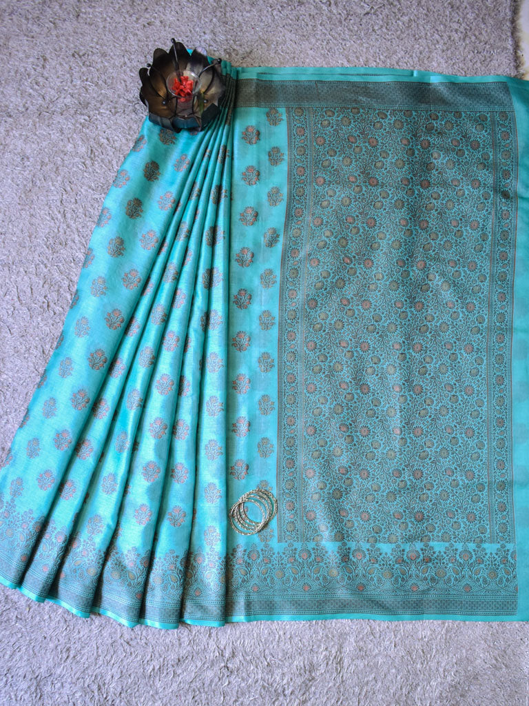 Banarasi Handwoven Pure Dupion Silk Saree With Floral Buta Weaving-Blue