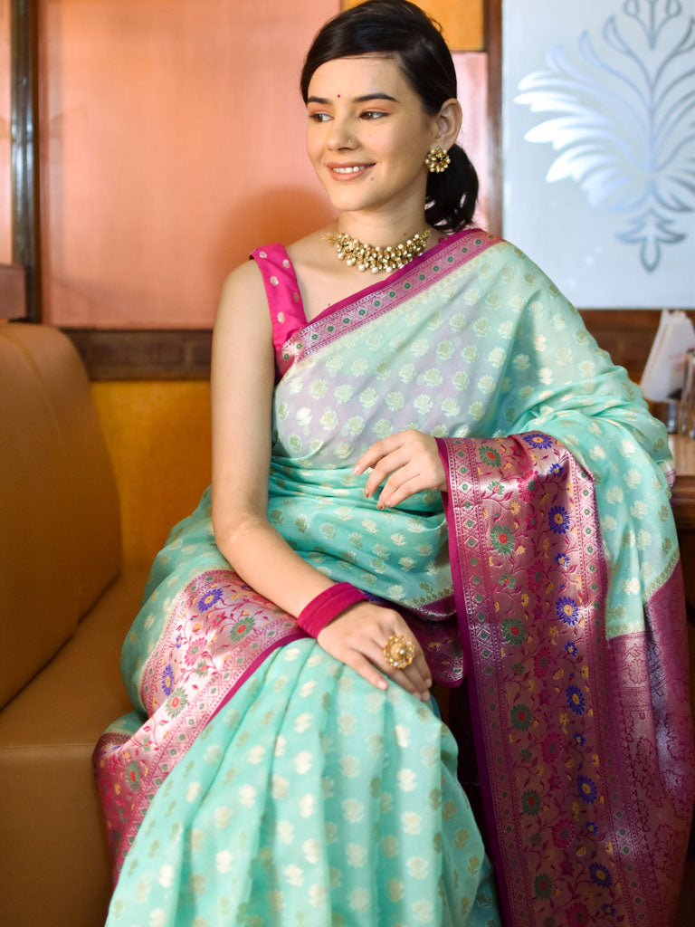 Banarasi Kora Saree With Zari Weaving & Contrast Meena Border-Green & Pink