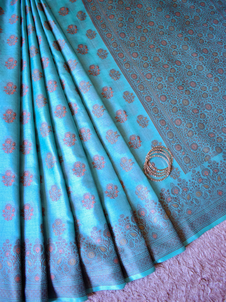 Banarasi Handwoven Pure Dupion Silk Saree With Floral Buta Weaving-Blue
