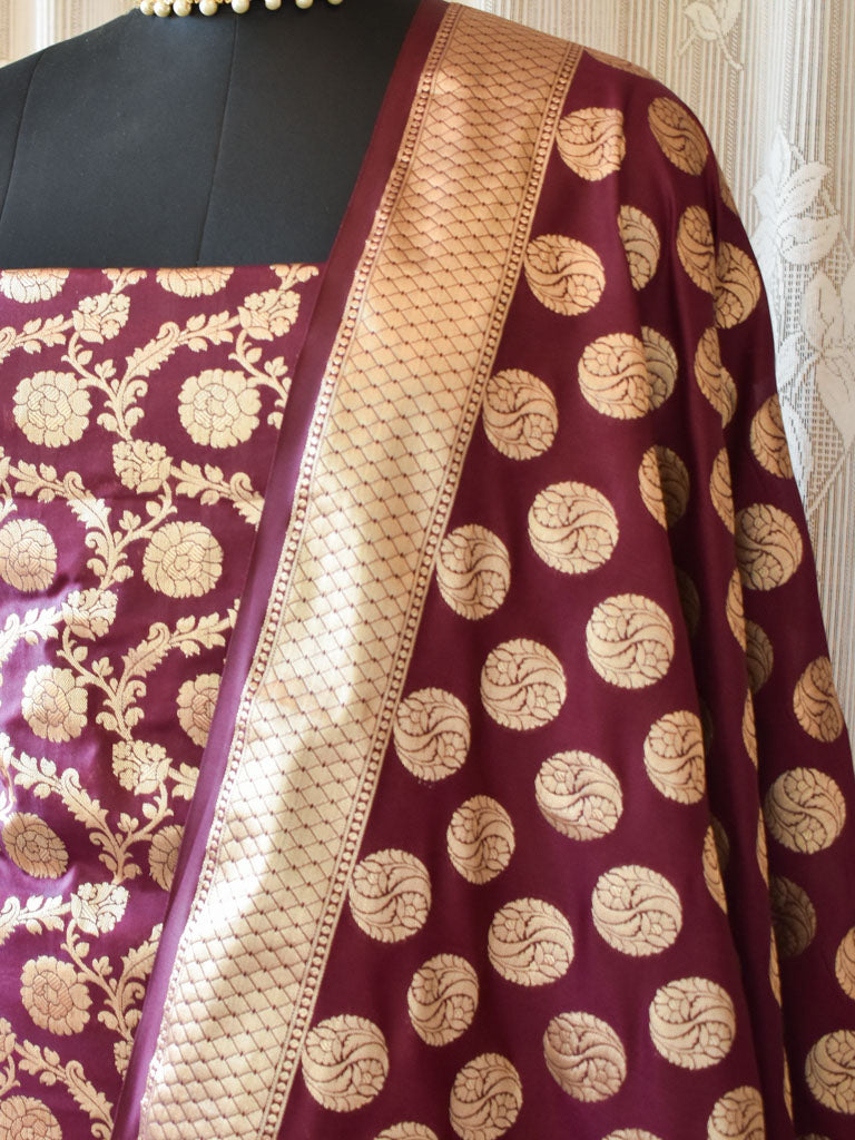 Banarasi Semi Silk Zari Weaving Salwar Kameez Material With Dupatta-Wine