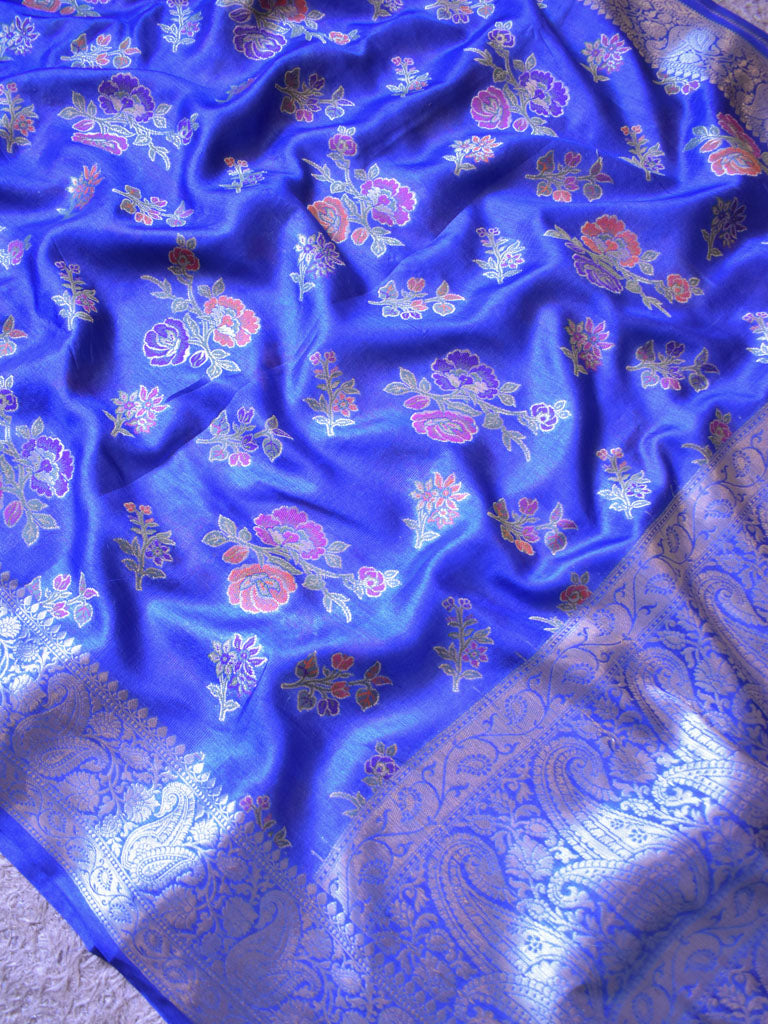 Banarasi Handwoven Pure Dupion Silk Saree With Floral Meena Weaving-Royal Blue
