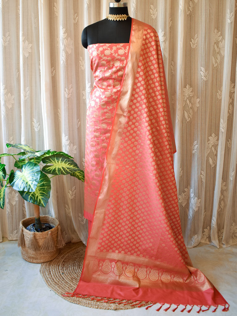 Banarasi Semi Silk Zari Weaving Salwar Kameez Material With Dupatta-Pink