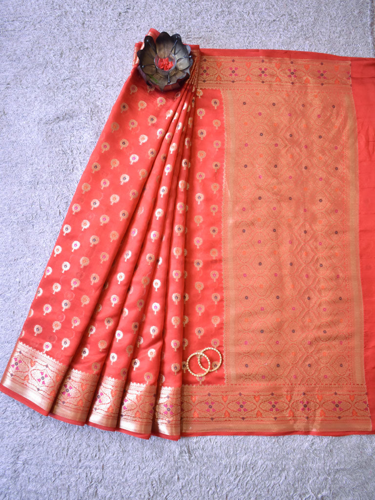 Banarasi Handwoven Pure Dupion Silk Saree With Meena & Zari Floral Weaving-Red