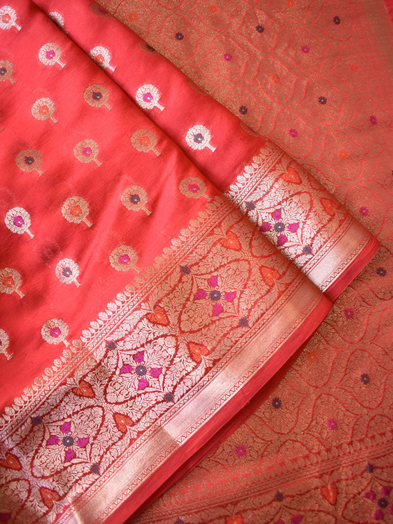 Banarasi Handwoven Pure Dupion Silk Saree With Meena & Zari Floral Weaving-Red