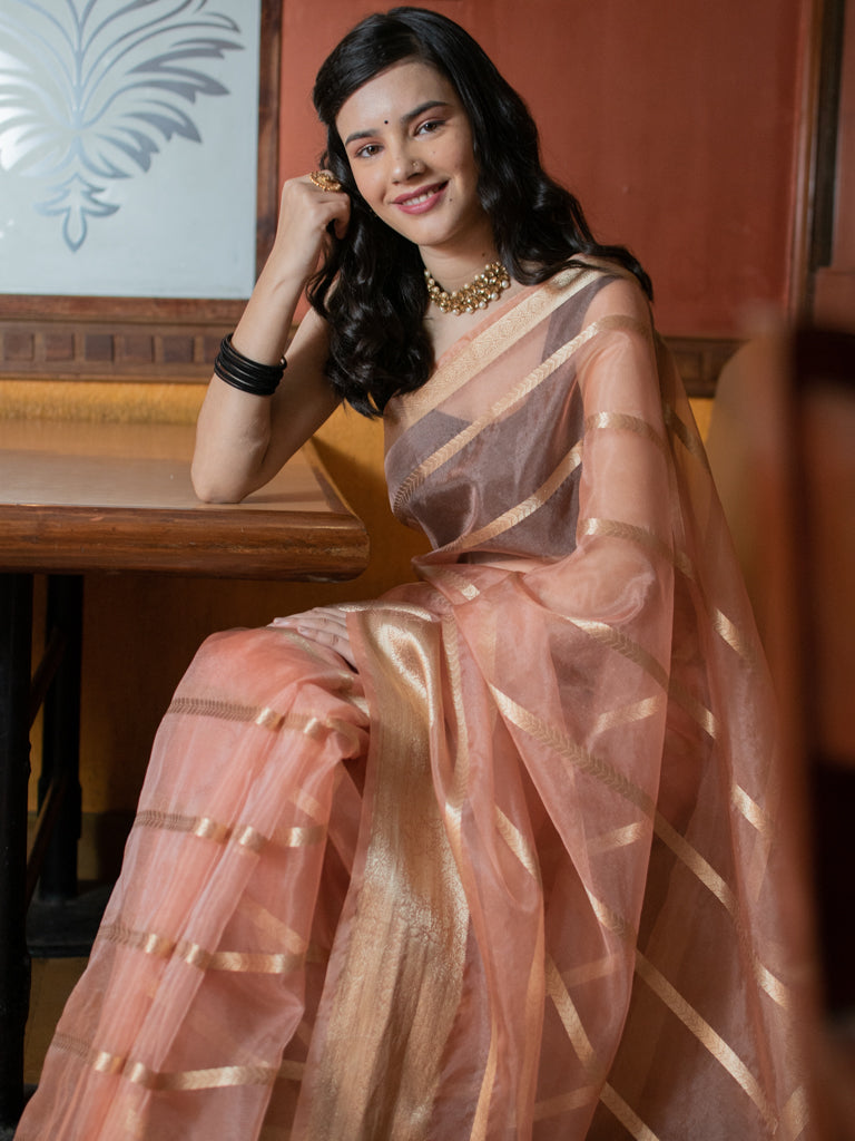 Banarasi organza Saree With Zari Weaving-Peach