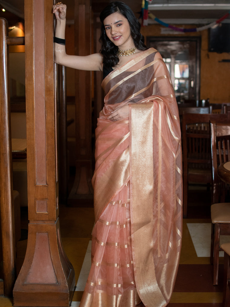 Banarasi organza Saree With Zari Weaving-Peach