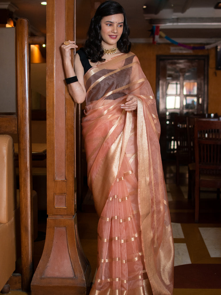 Banarasi organza Saree With Zari Weaving-Peach