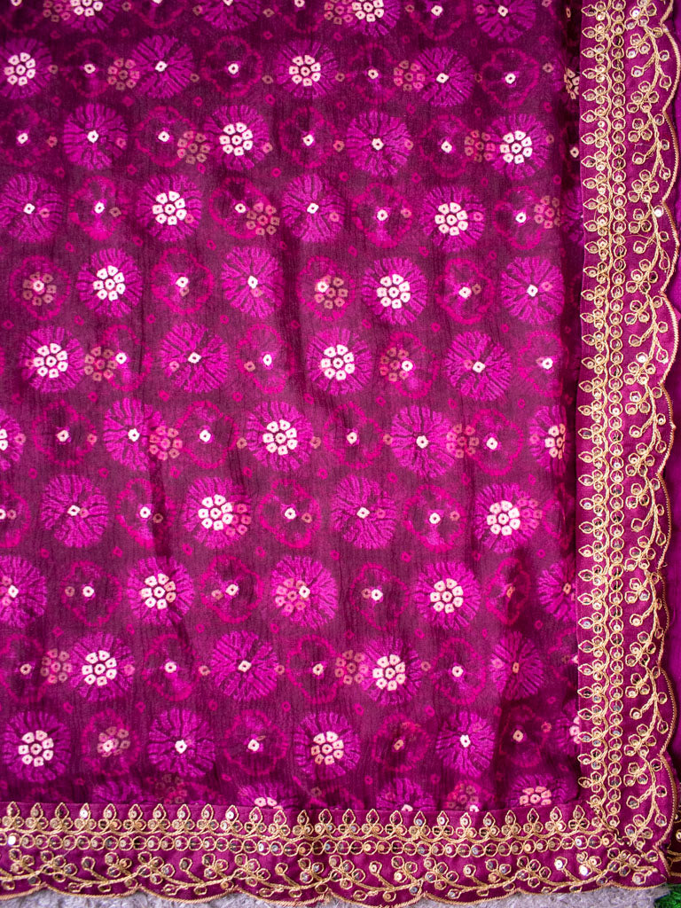 Chiffon Printed Saree With Gold Embroidered Border-Wine