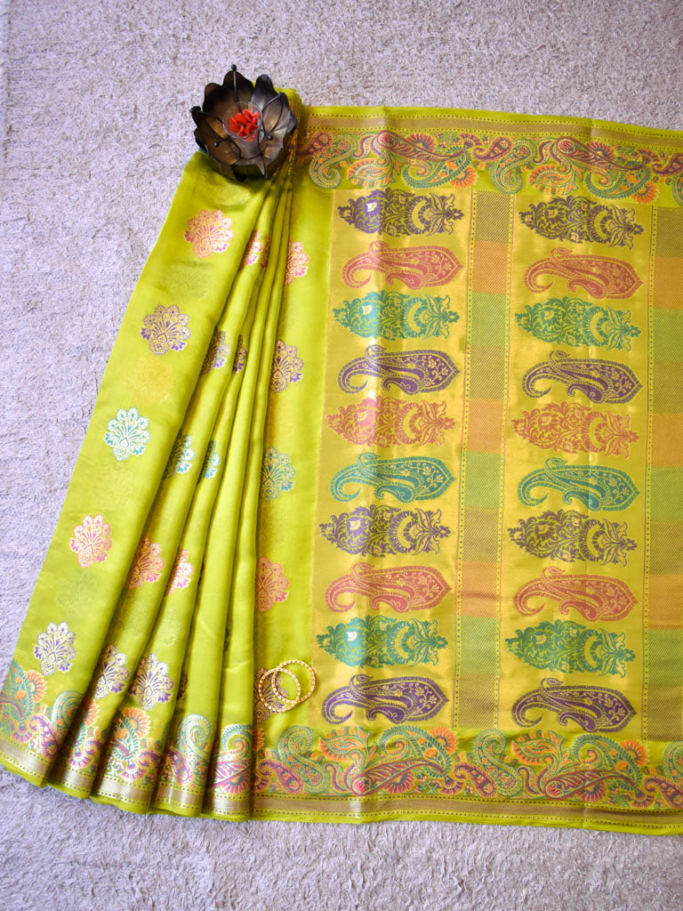 Banarasi Handwoven Pure Dupion Silk Saree With Meena & Zari Floral Weaving-Mehndi Green