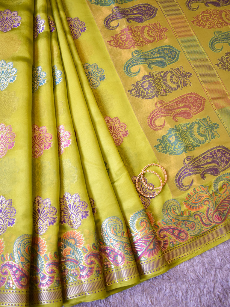 Banarasi Handwoven Pure Dupion Silk Saree With Meena & Zari Floral Weaving-Mehndi Green