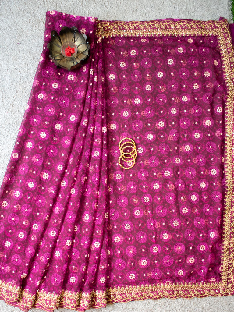 Chiffon Printed Saree With Gold Embroidered Border-Wine