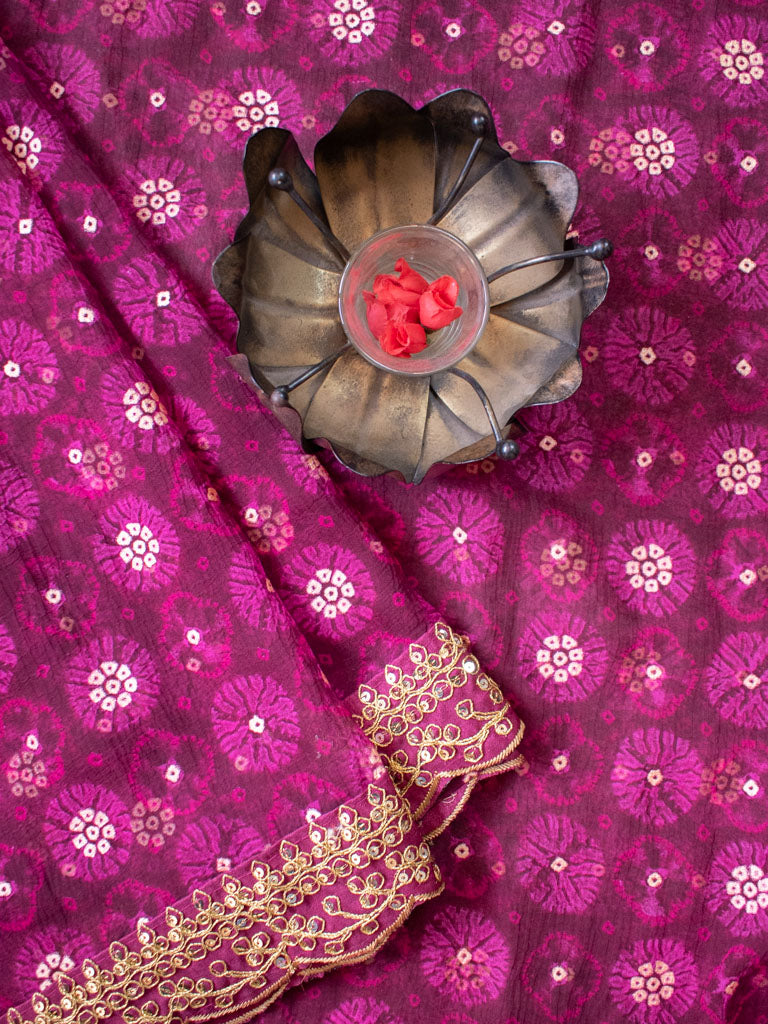 Chiffon Printed Saree With Gold Embroidered Border-Wine