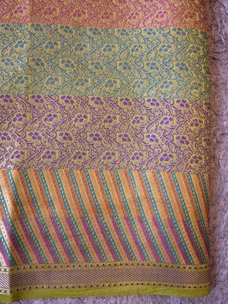 Banarasi Handwoven Pure Dupion Silk Saree With Meena & Zari Floral Weaving-Mehndi Green