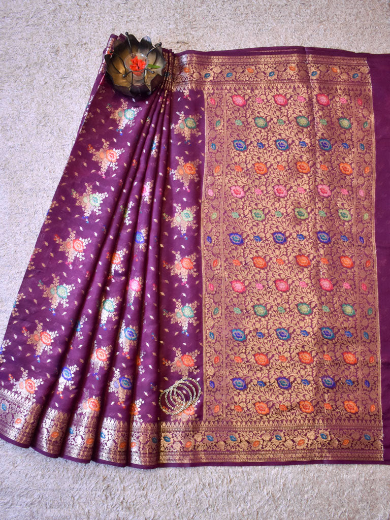 Banarasi Handwoven Pure Dupion Silk Saree With Meena & Zari Floral Weaving-Deep Purple