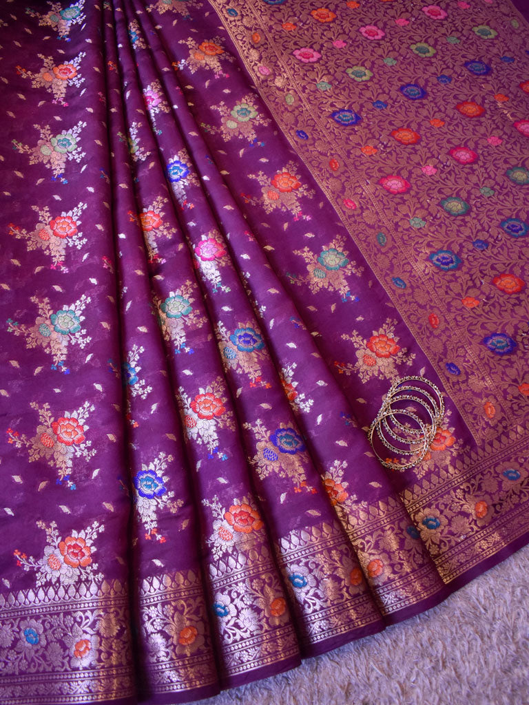 Banarasi Handwoven Pure Dupion Silk Saree With Meena & Zari Floral Weaving-Deep Purple