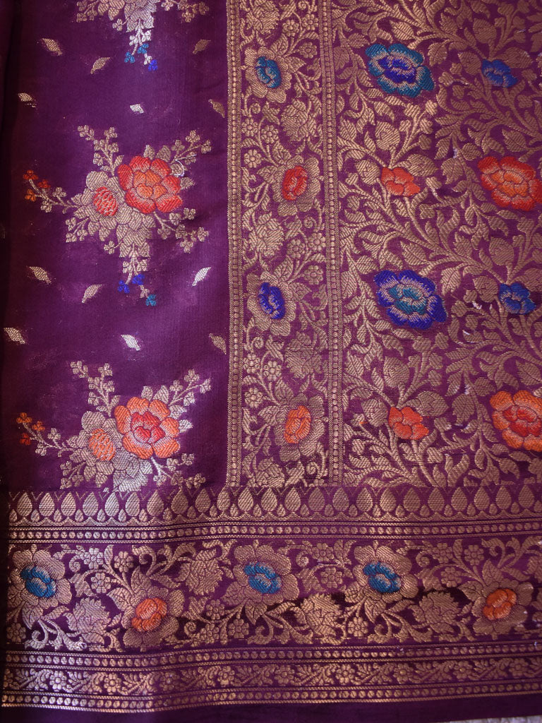 Banarasi Handwoven Pure Dupion Silk Saree With Meena & Zari Floral Weaving-Deep Purple