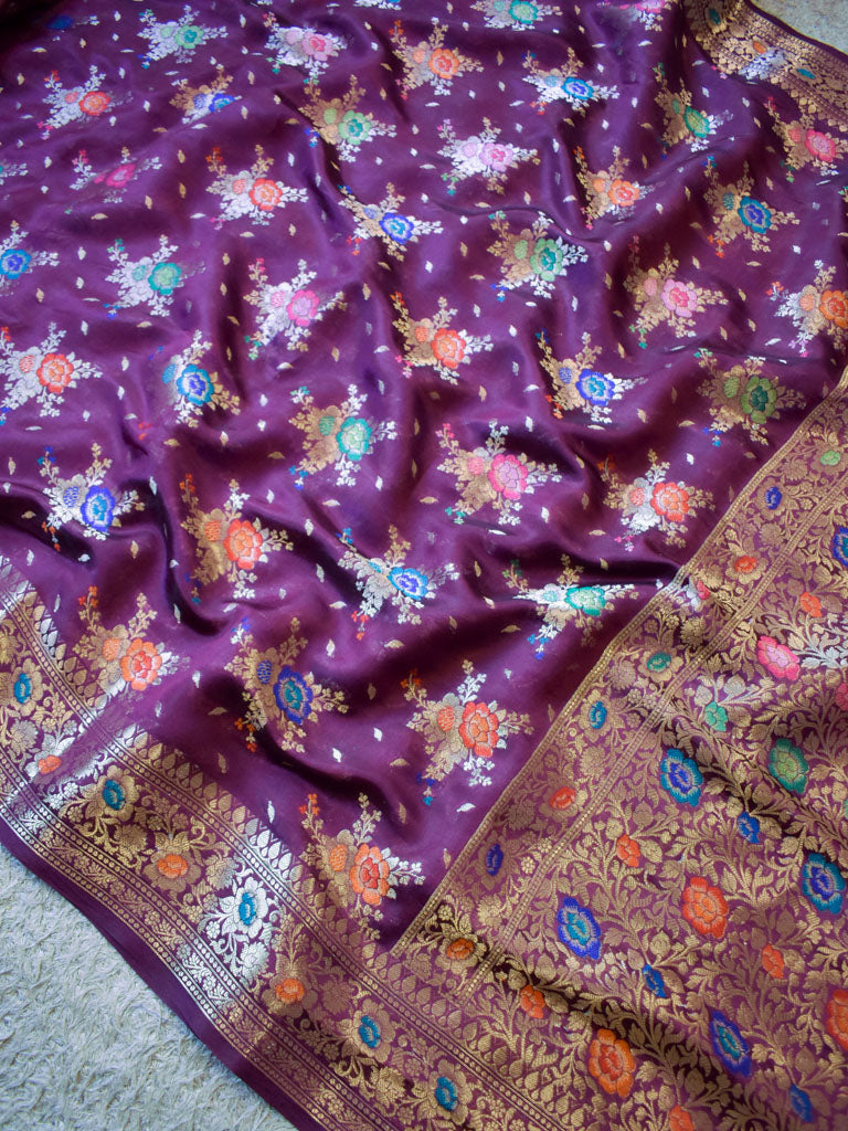 Banarasi Handwoven Pure Dupion Silk Saree With Meena & Zari Floral Weaving-Deep Purple