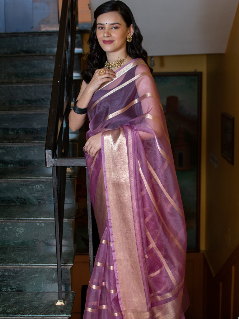 Banarasi organza Saree With Zari Weaving-Purple