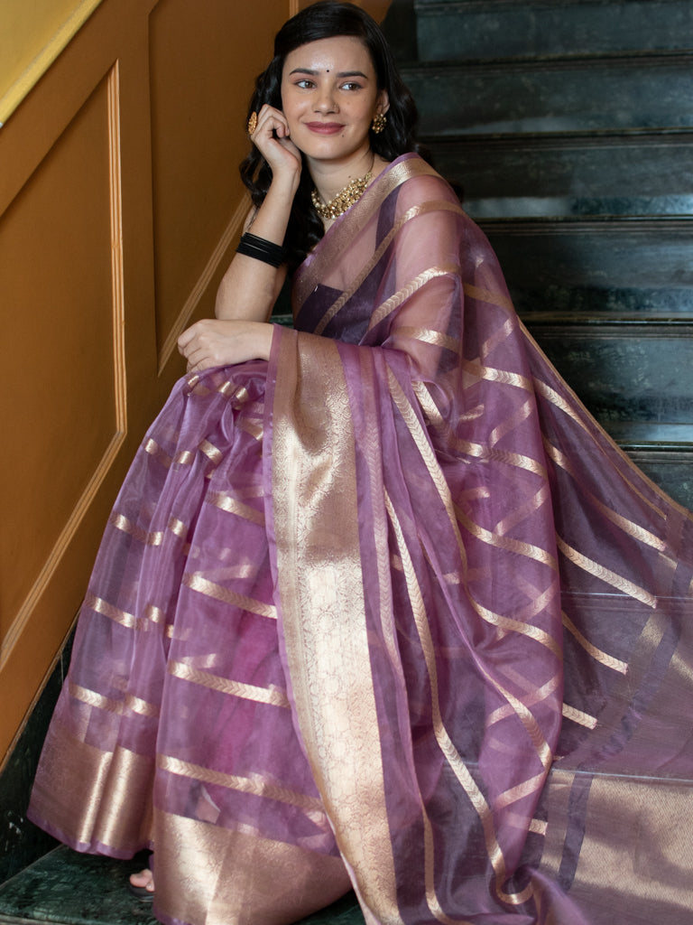 Banarasi organza Saree With Zari Weaving-Purple