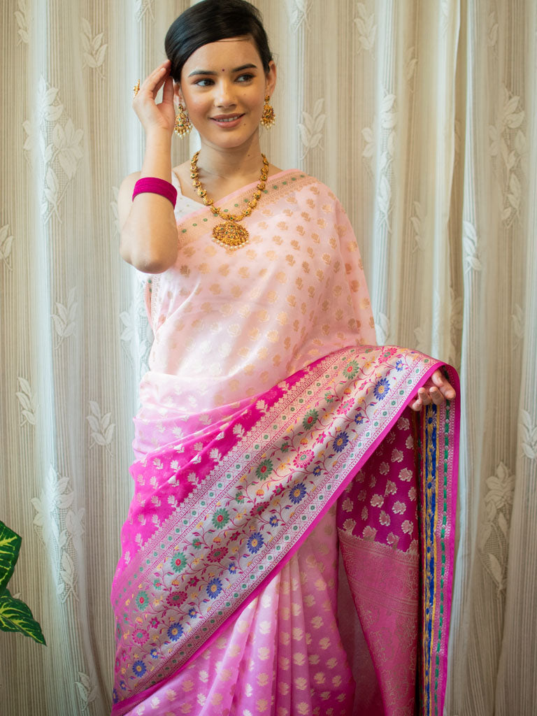 Banarasi Kora Saree With Zari Weaving & Contrast Meena Border-Pink