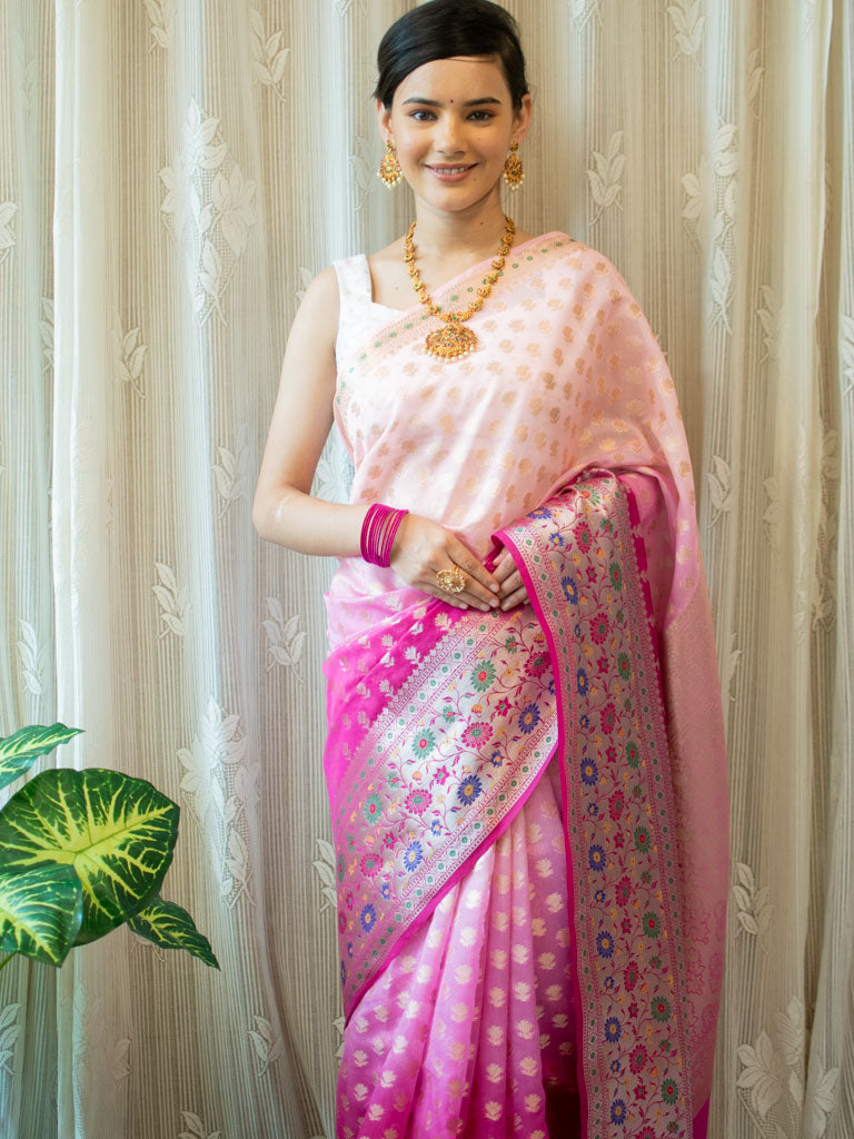 Banarasi Kora Saree With Zari Weaving & Contrast Meena Border-Pink