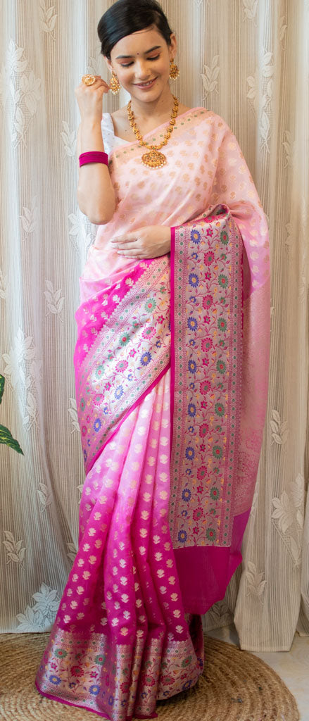 Banarasi Kora Saree With Zari Weaving & Contrast Meena Border-Pink