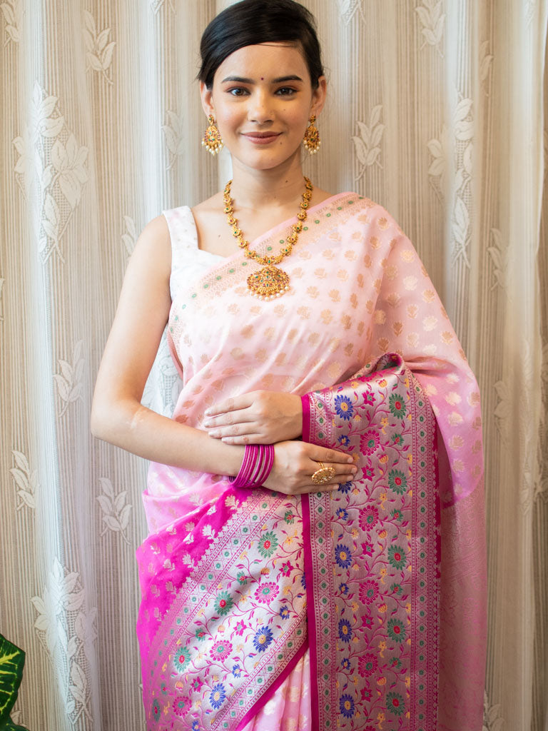 Banarasi Kora Saree With Zari Weaving & Contrast Meena Border-Pink