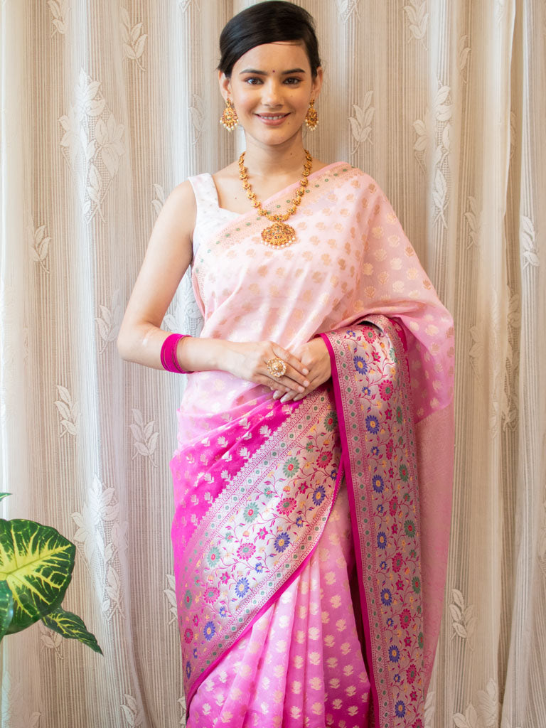 Banarasi Kora Saree With Zari Weaving & Contrast Meena Border-Pink