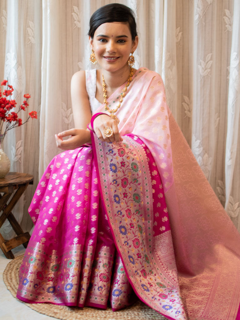 Banarasi Kora Saree With Zari Weaving & Contrast Meena Border-Pink